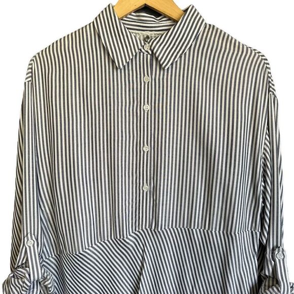 Lagenlook Cupio Asymmetrical Hem Navy Striped Cuff Sleeve Tunic Top - Picture 4 of 14